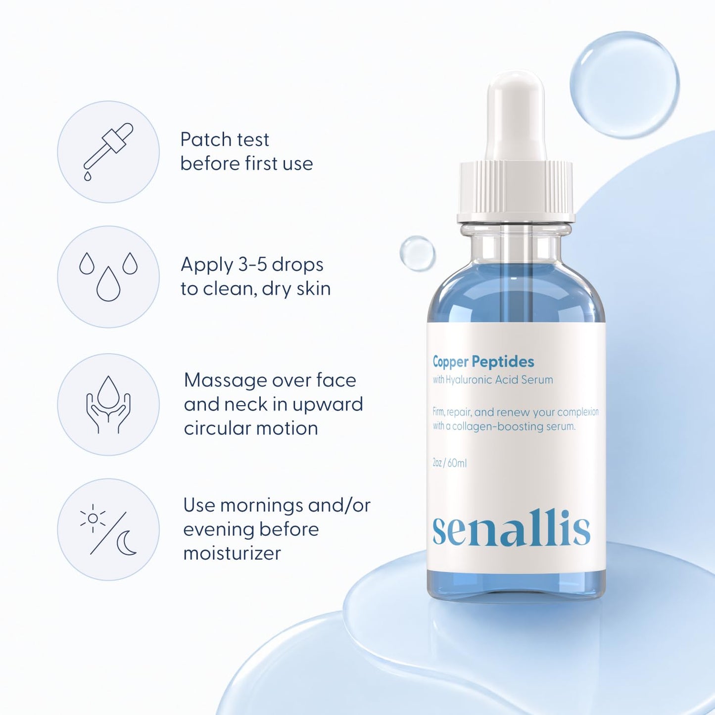 SenAllis Cosmetics Copper Peptides Serum for Face with GHK-Cu Peptide and Hyaluronic Acid - Anti Aging Serum - 2 Fl Oz