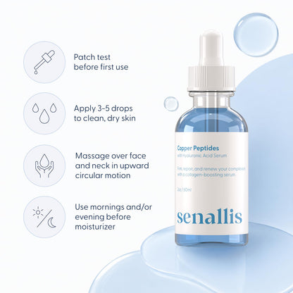 SenAllis Cosmetics Copper Peptides Serum for Face with GHK-Cu Peptide and Hyaluronic Acid - Anti Aging Serum - 2 Fl Oz