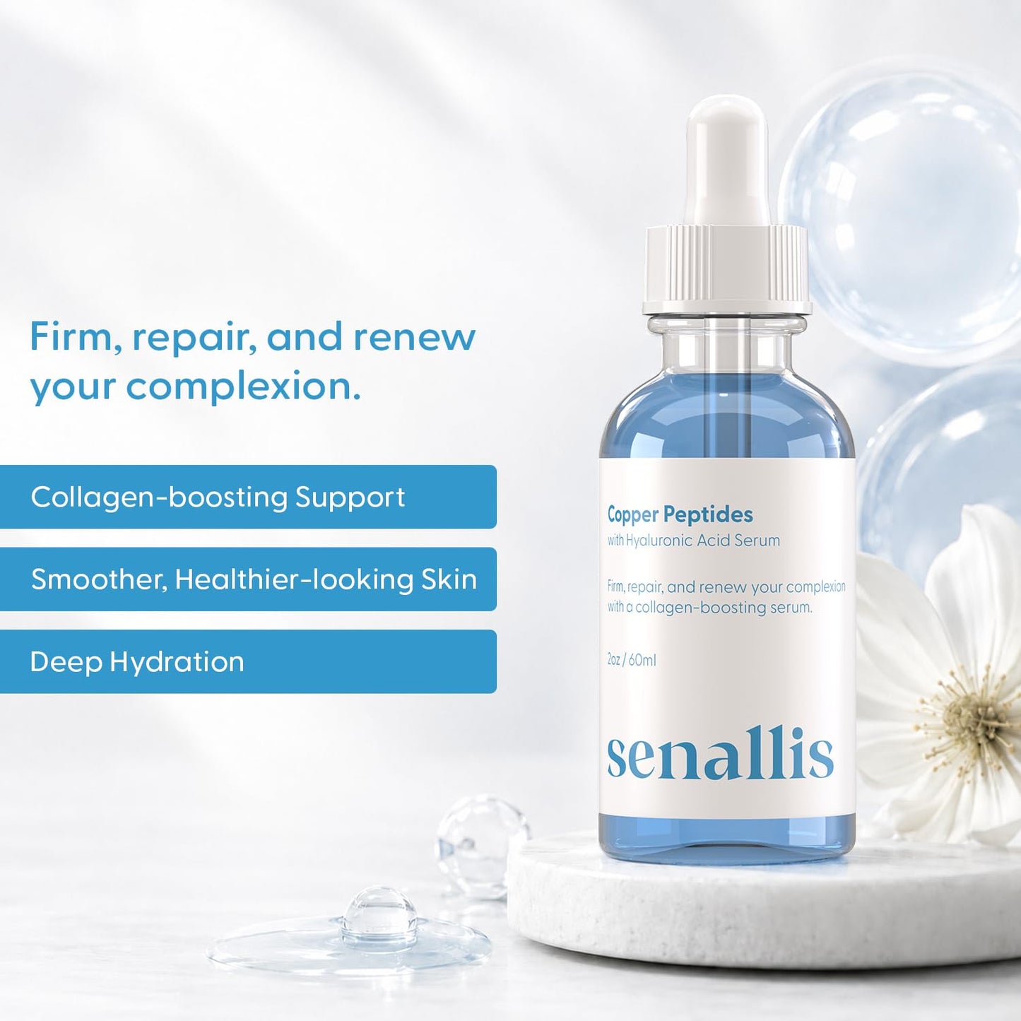 SenAllis Cosmetics Copper Peptides Serum for Face with GHK-Cu Peptide and Hyaluronic Acid - Anti Aging Serum - 2 Fl Oz